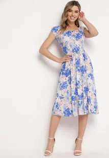 Niebiesko-Biała Wiskozowa Sukienka Midi z Falbanką i Kwiatowym Wzorem Exordia - Sukienki - miniaturka - grafika 1