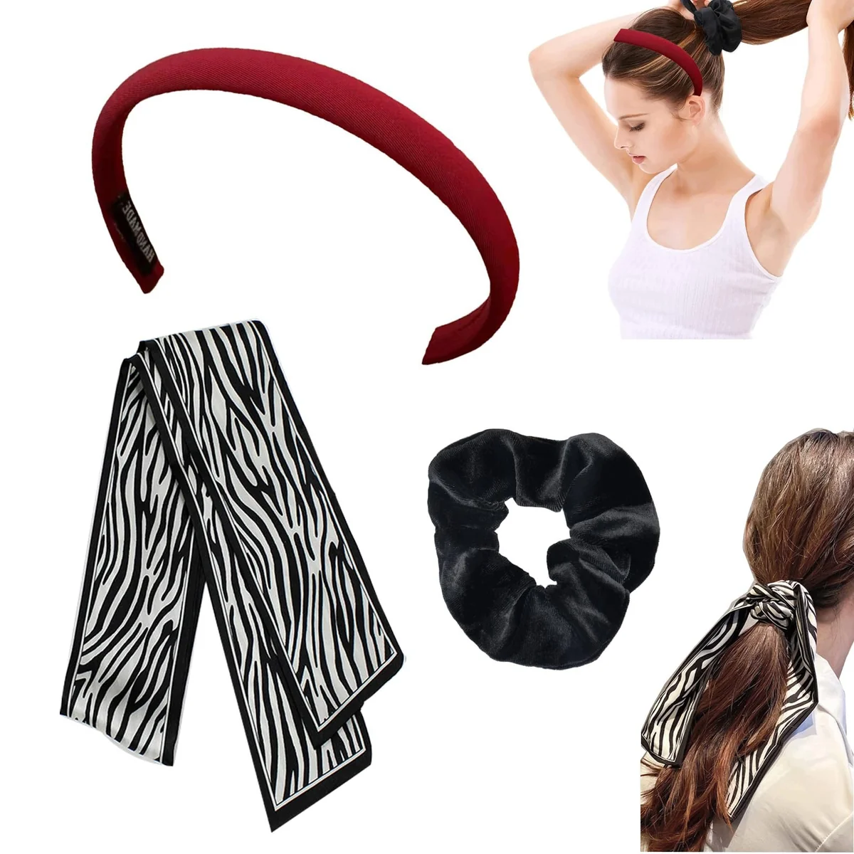 OPASKI DO WŁOSÓW DAMSKIE ZESTAW SCRUNCHIE HAARREIFEN PASEK ZEBRA BRĄZ