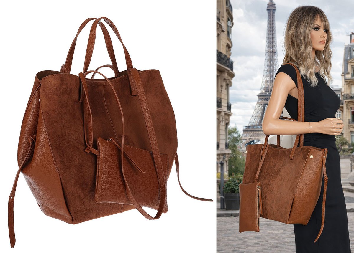 Torebka Damska Shopperka łódka Pojemna Duża zamszowa na ramię R963B Brązowa