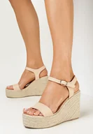 Sandały damskie - Beżowe Sandały na Platformie i Koturnie z Plecionką Emilei - miniaturka - grafika 1