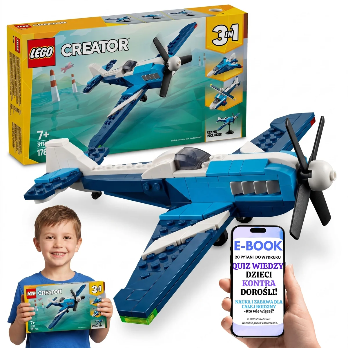 LEGO Creator 3w1 dla Dziecka 7 lat+ Samolot Prezent Konstrukcyjny 31160