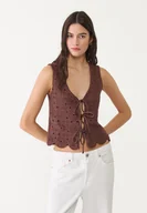Kamizelki damskie - Stradivarius Kontrastowa szydełkowa kamizelka Brązowy L - miniaturka - grafika 1