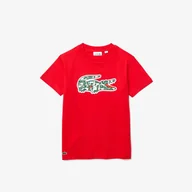 Koszulki dla dziewczynek - Lacoste Dziecięca koszulka bawełniana z nadrukiem krokodyla z okrągłymj dekoltem - miniaturka - grafika 1