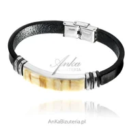 Bransoletki - ankabizuteria.pl Bransoletka ze skóry i żółtego bursztynu UNISEX - miniaturka - grafika 1