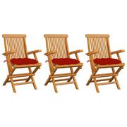 Fotele i krzesła ogrodowe - vidaXL Lumarko Krzesła ogrodowe, czerwone poduszki, 3 szt., lite drewno tekowe! 3062535 - miniaturka - grafika 1