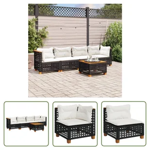 The Living Store 5-cz. zestaw wypoczynkowy do ogrodu - poduszki - czarny rattan PE - Sofa Ogrodowa - Meble ogrodowe - miniaturka - grafika 1