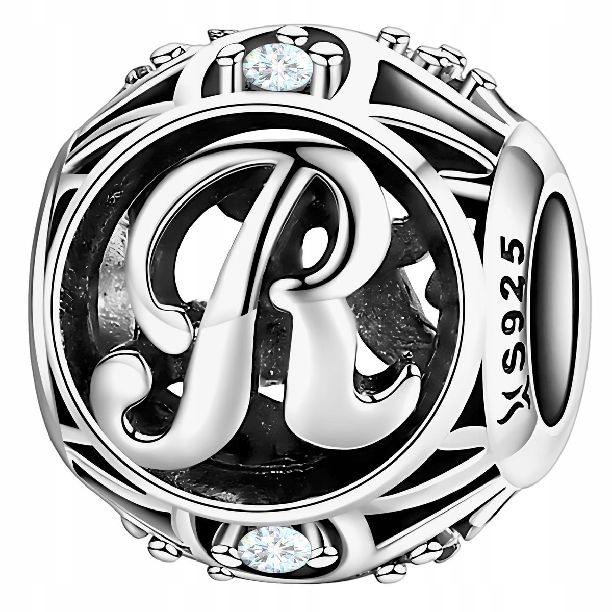 Charms Srebrny Koralik z Literką Cyrkonie Inicjał Litera R SREBRO 925