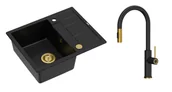 Zlewozmywaki z baterią - Quadron Unique Zlewozmywak granitowy jednokomorowy 62*50*22 cm z ociekaczem MORGAN 116 PURE CARBON z syfonem Push-2-Open w kolorze złotym z baterią JENNIFER Q LINE SLIM z wyciąganą wylewką i funkcją prysznica kolor czarny mat/złoty - miniaturka - grafika 1