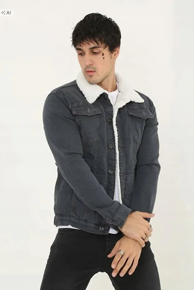 MĘSKA KURTKA JEANSOWA Z BIAŁYM FUTERKIEM W STYLU CASUAL XL 5IA