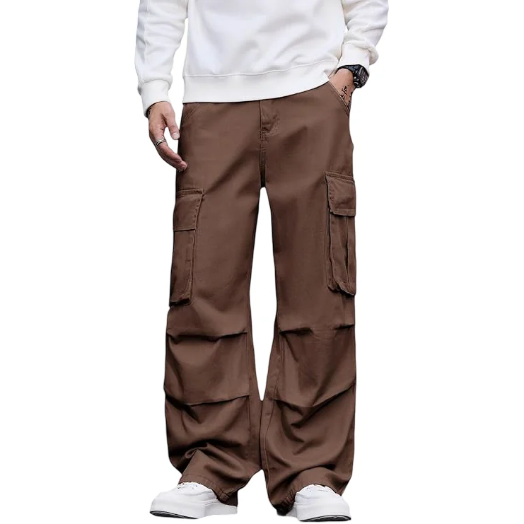 Męskie Spodnie Cargo Szerokie Nogawki Y2K Skate Baggy Luźne Brązowe S