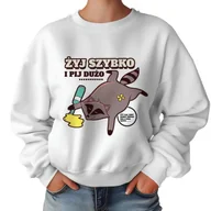 Bluzy damskie - Biała Bluza Damska Dresowa ŻYJ SZYBKO I PIJ DUŻO Zabawne Kolorowe Wz Rozm M - miniaturka - grafika 1