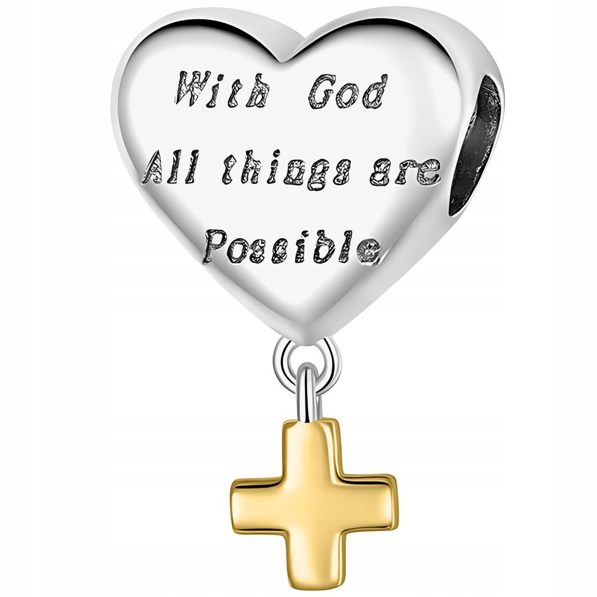 CHARMS Srebrny Serce z Krzyżem Wiara Nadzieja Miłość Złoty Krzyż SREBRO 925