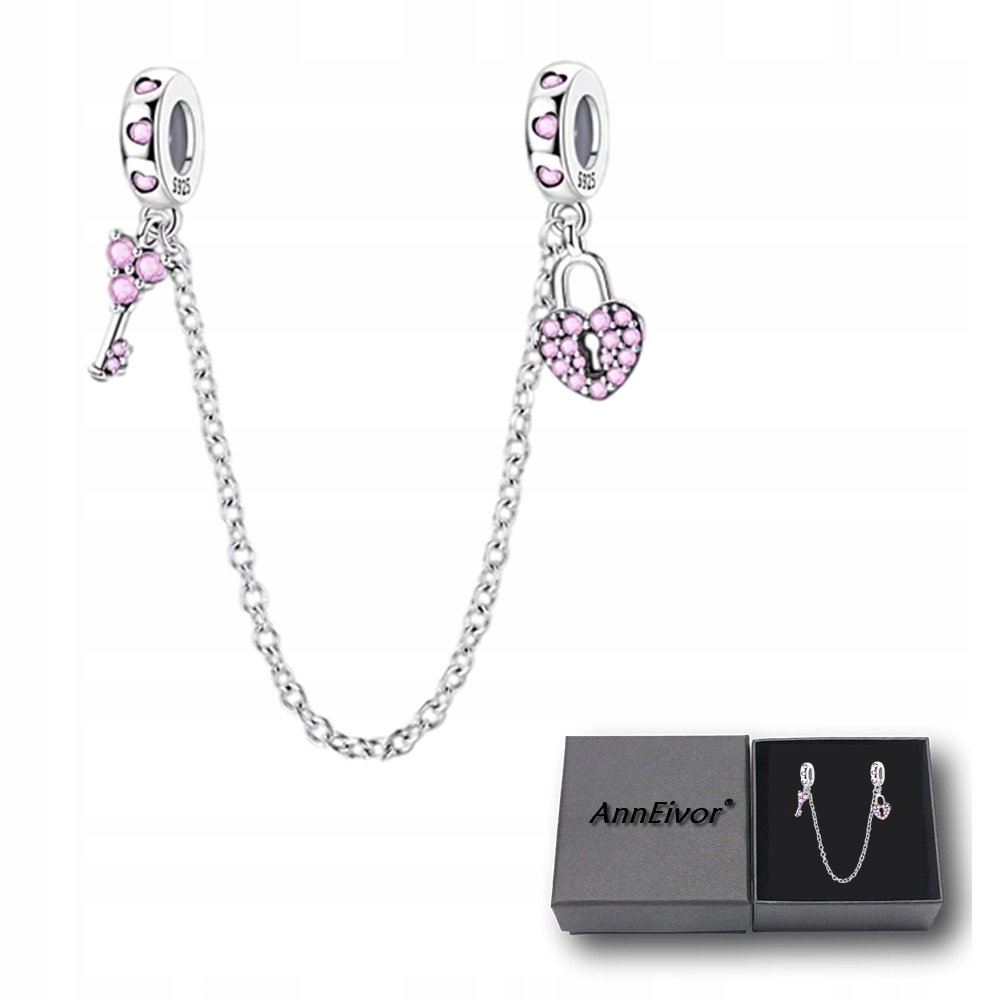 Łańcuszek Zabezpieczający Do Bransoletki Różowy Kluczyk Kłódka Srebrny S925