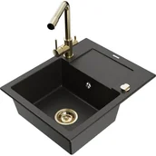 Zlewozmywaki z baterią - Mexen Enzo zlewozmywak granitowy 1-komorowy z ociekaczem i baterią kuchenną Duero, czarny/złoty metalik - miniaturka - grafika 1
