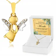 Biżuteria dla dzieci - ZŁOTY ŁAŃCUSZEK 585 NASZYJNIK ANIOŁEK NA KOMUNIĘ PAMIĄTKA KOMUNII GRAWER - miniaturka - grafika 1