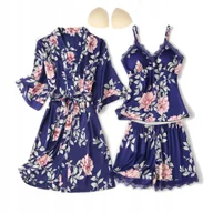 Komplety bielizny - SATYNOWA PIŻAMA DAMSKA KOMPLET 3w1 SZLAFROK KOSZULKA NOCNA HALKA SPODENKI KOLOR GRANATOWY - miniaturka - grafika 1