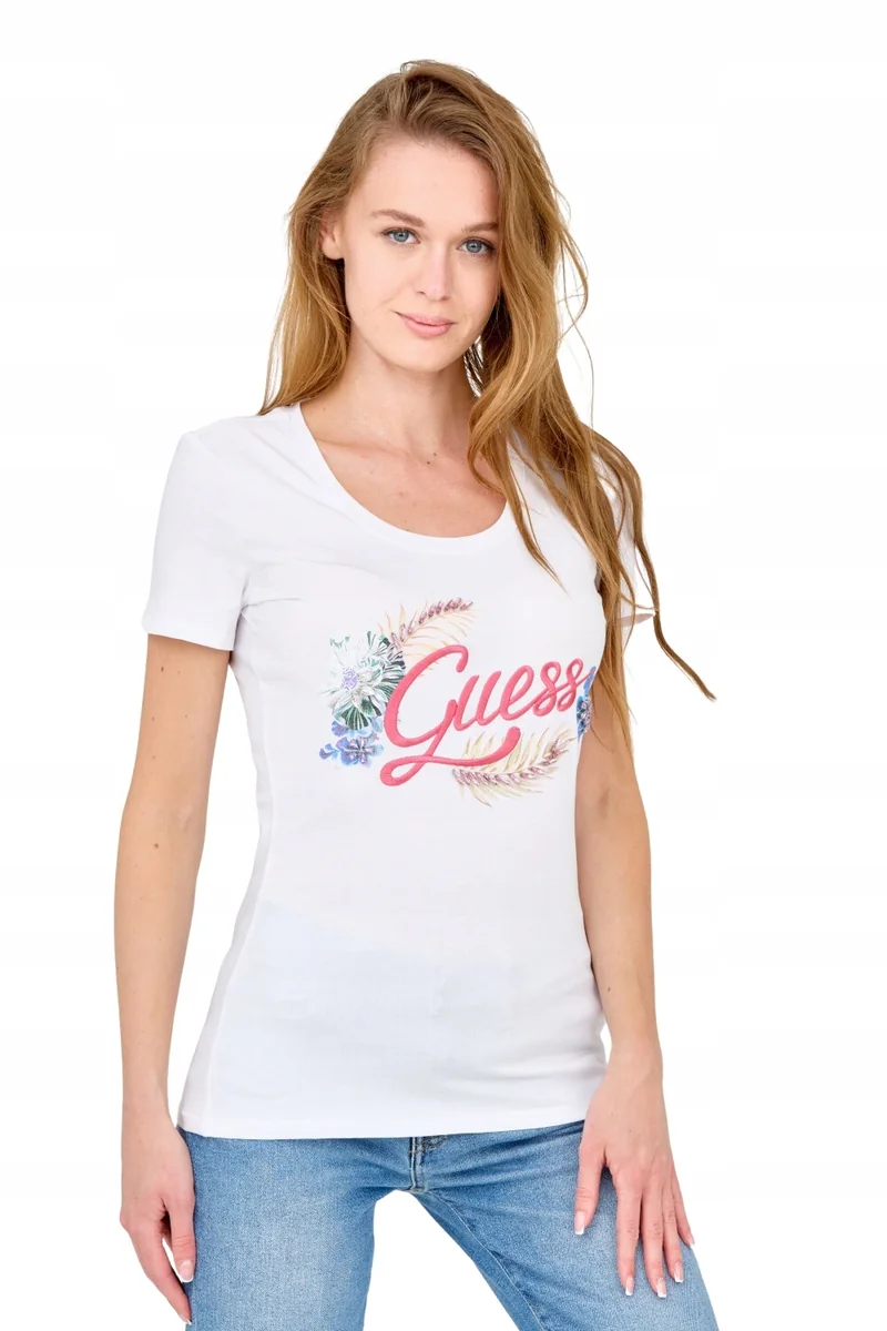 GUESS Damski biały t-shirt ze zdobionym logo S