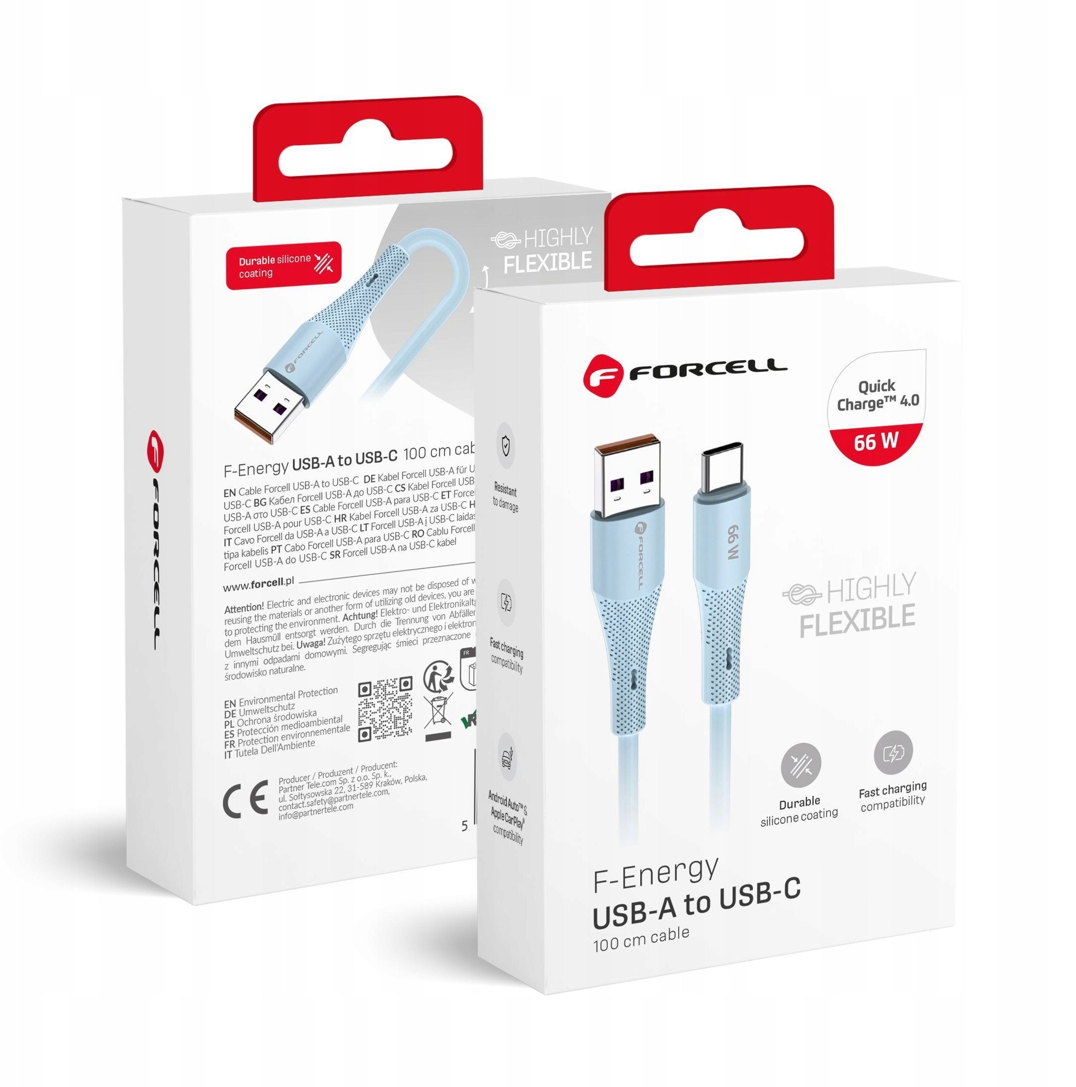 Kabel USB A do USB C Forcell F-Energy QC4.0 3A 66W Silicone 1 m C342 niebieski