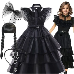 STRÓJ KARNAWAŁOWY WEDNESDAY SUKIENKA KOSTIUM NA BAL ADDAMS PERUKA  - 142-146 - Sukienki - miniaturka - grafika 1