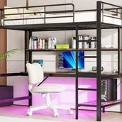 Łóżka dla dzieci i młodzieży - Łóżko piętrowe 90x200 cm - z barierkami - z drabinką - z USB i gniazdkami - z oświetleniem LED - z biurkiem + półki wielopoziomowe - czarne - miniaturka - grafika 1