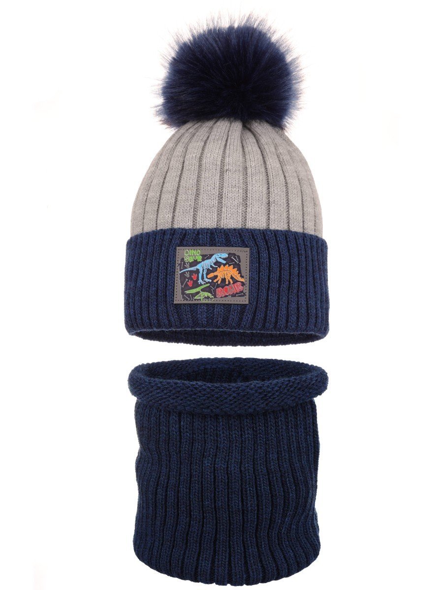 Chłopięcy komplet zimowy czapka i komin dinozaury granatowy Ambra r.46/48
