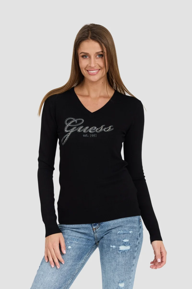 GUESS Czarny damski sweter Saige Logo Vn Ls Swtr S