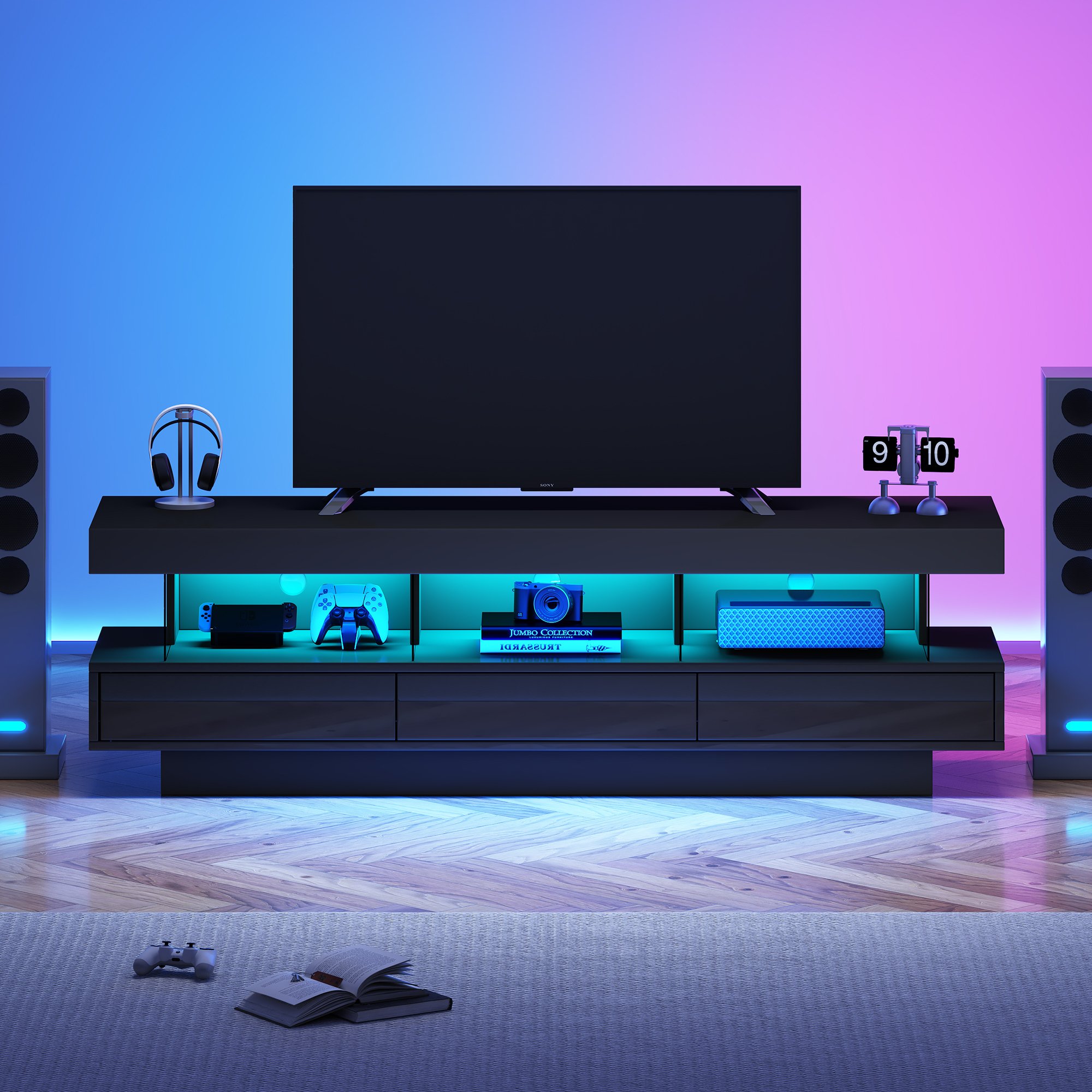 Merax szafka pod TV z szufladami i otwartymi przegródkami, lowboard wysoki połysk, stolik TV z LED z APP, podstawa TV, 160x38x50,5cm, czarny