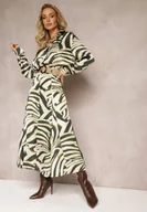 Spódnice - Ciemnozielona Długa Spódnica z Plecionym Paskiem Ozdobiona Animal Printem Gabas - miniaturka - grafika 1