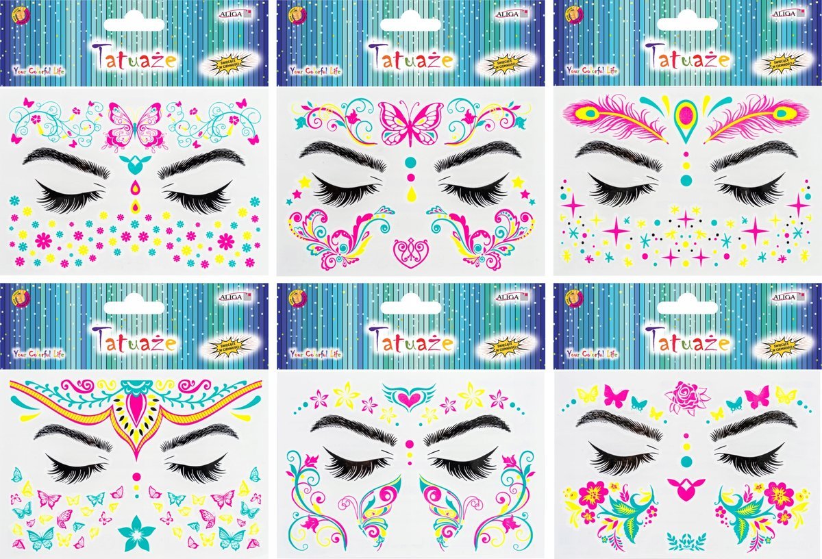 tatuaże do twarzy świecące w świetle UV rozm. 15 x 10,5cm, mix wzorów TAT-6