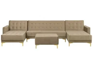 Sofy i kanapy - Beliani Sofa rozkładana podkowa welurowa piaskowa z otomaną ABERDEEN - miniaturka - grafika 1