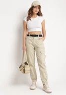 Spodnie damskie - Beżowe Bawełniane Spodnie Bojówki Zapinane na Guzik i Suwak z Paskiem i Wysokim Stanem Zakończone Gumką na Nogawkach Zelana - miniaturka - grafika 1