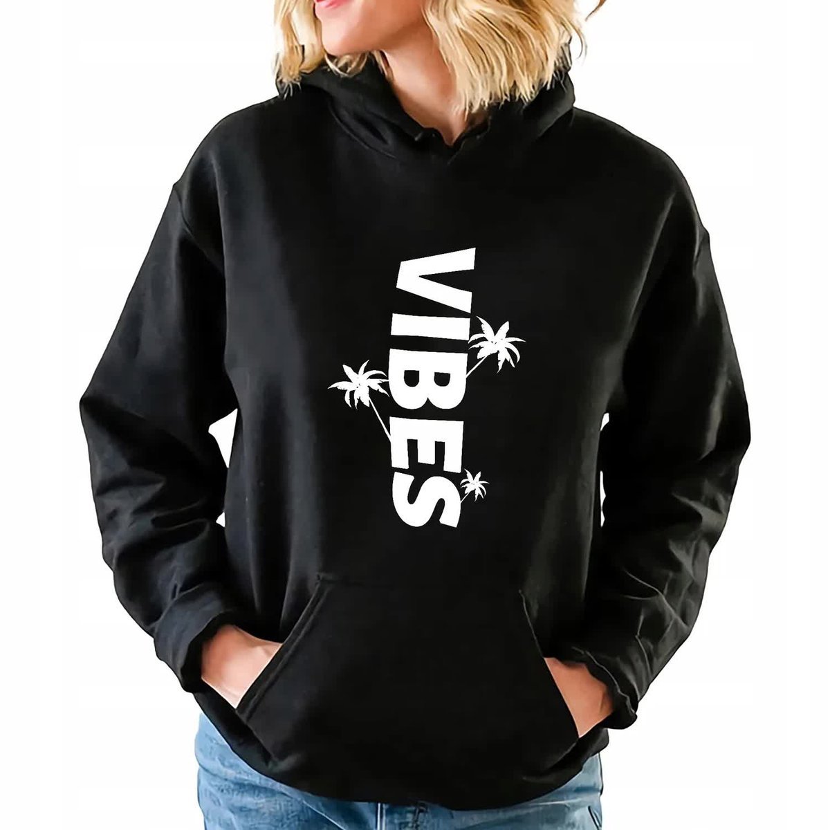 Czarna Bluza z Kapturem VIBES Kobiece Damskie Piękne Wzory Rozmiar XXL