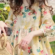 Koszule damskie - TEMU Bluzka Damska w Kwiaty - Nieprześwitująca Koszulka z Okrągłym Dekoltem, Turkusowo-Żółty Wzór Kwiatowy, Lekki Materiał Bez Elastyczności na - miniaturka - grafika 1