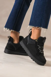 Czarne sneakersy damskie z futerkiem na bieżnikowanej platformie ozdobne sznurówki z wzorem Casu 22337-8 - Półbuty damskie - miniaturka - grafika 1