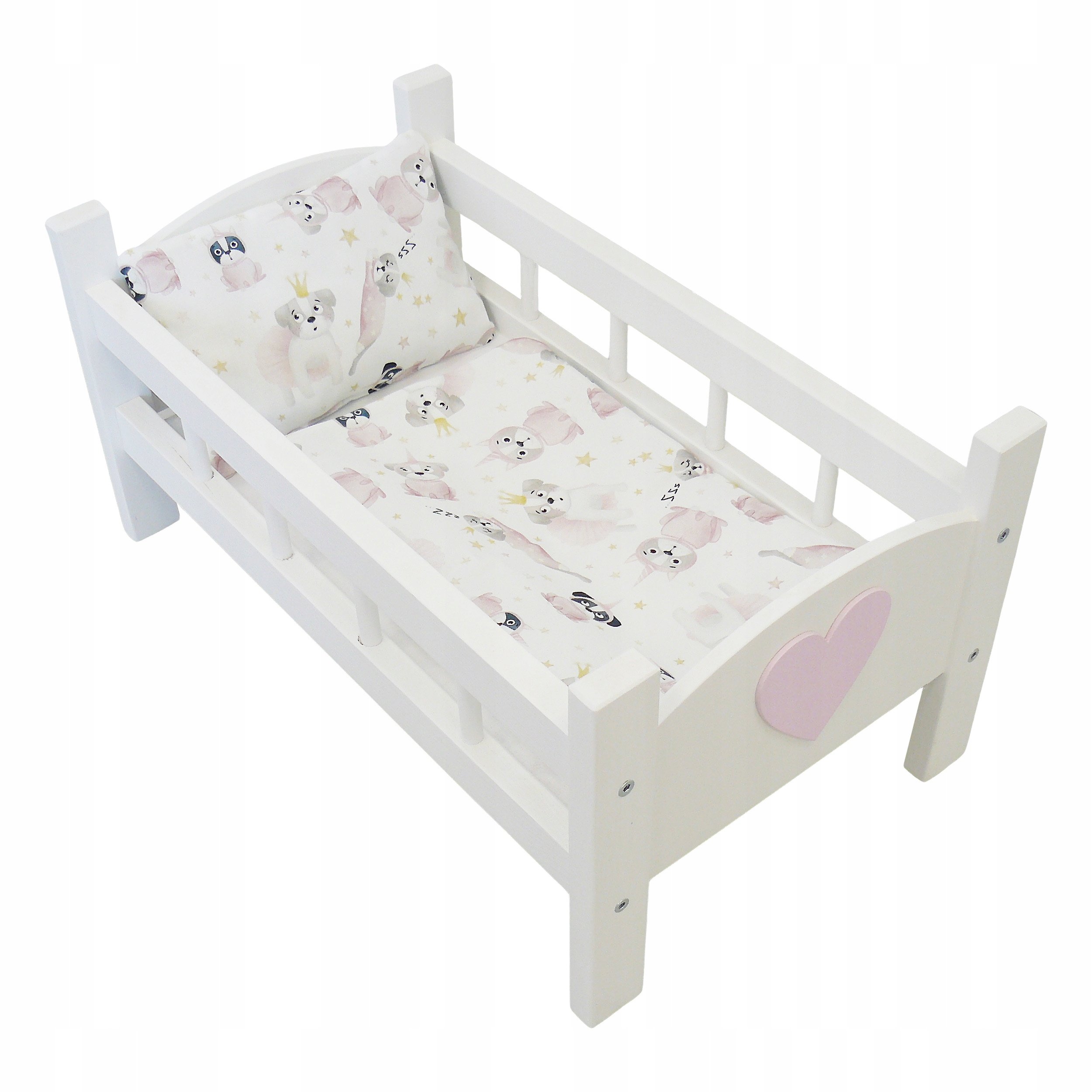 Drewniane Łózeczko Dla Lalek Białe Pościel Pieski Pokój Dziecięcy Zabawka