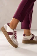 Półbuty damskie - Beżowe sneakersy damskie buty sportowe na beżowej platformie bordowe wstawki sznurowane Carla YO464 - miniaturka - grafika 1