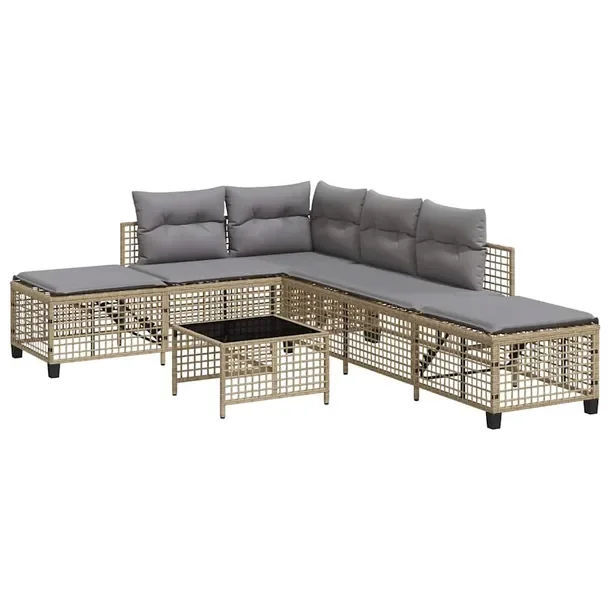 Zestaw Wypoczynkowy z Rattanu PE, Sofa Narożna i Stół, Beżowy, 167x55x6
