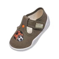 Kapcie damskie - Chłopięce kapcie oliwkowe z nadrukiem piłek - miniaturka - grafika 1