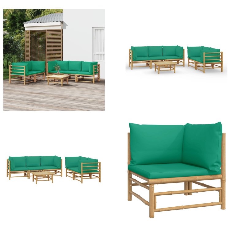 vidaXL 6-częściowy zestaw wypoczynkowy do ogrodu z zielonymi bambusowymi poduszkami - Zestaw wypoczynkowy do ogrodu - Zestawy wypoczynkowe do ogrodu - Zestaw wypoczynkowy - Zestaw mebli ogrodowych