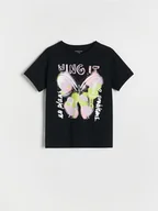 Koszulki dla dziewczynek - Reserved - Bawełniany t-shirt z nadrukiem - czarny - miniaturka - grafika 1
