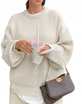 SWETER DAMSKI Z DŁUGIM RĘKAWEM ECRU CASUAL M ŁOG