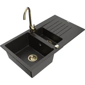 Zlewozmywaki z baterią - Mexen Matias zlewozmywak granitowy 1,5-komorowy z ociekaczem i baterią kuchenną Telma, czarny/złoty - miniaturka - grafika 1