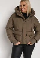 Kurtki damskie - Brązowa Pikowana Krótka Kurtka z Nieodpinanym Kapturem i Ozdobnymi Tasiemkami Mevannia - miniaturka - grafika 1