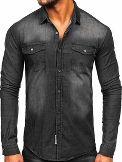 Koszule męskie - Czarna koszula męska jeansowa z długim rękawem Denley MC7051N - grafika 1