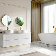 Szafki łazienkowe - Szafka łazienkowa wisząca ryflowana ze złotą listwą i dwoma okrągłymi umywalkami nablatowymi - Biały - 150 cm - KELIZA - miniaturka - grafika 1