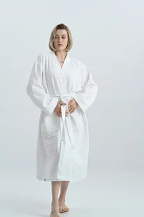 Szlafrok bawełniany biały - Szlafroki damskie Szlafrok bawełniany biały - Szlafroki damskie - miniaturka - grafika 1