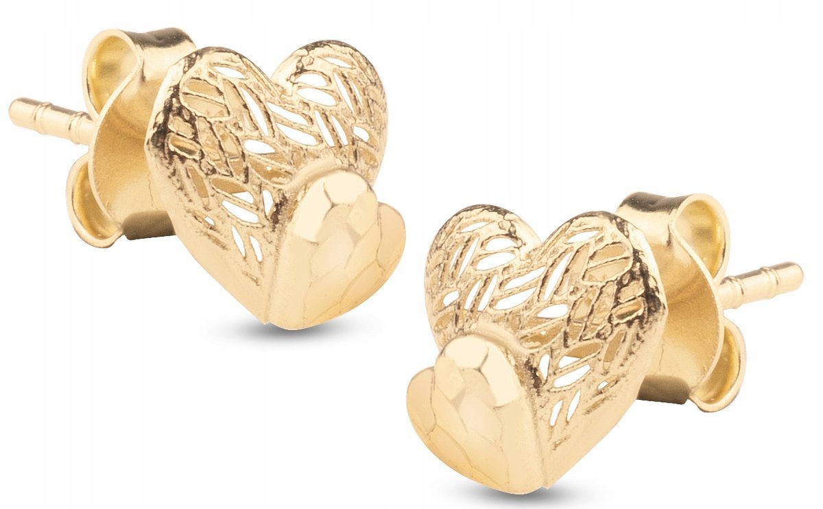 ZŁOTE KOLCZYKI SERDUSZKA SERCA AŻUROWE DIAMENTOWANE 585 14KT