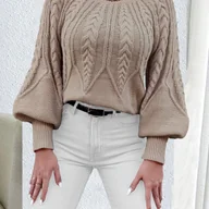Swetry damskie - TEMU Damski Przytulny Sweter z Latarniowymi Rękawami - Beżowy Kardigan Cable, Casualowy z Okrągłym Dekoltem, Długie Rękawy, Idealny na Jesień/Zimę, - miniaturka - grafika 1