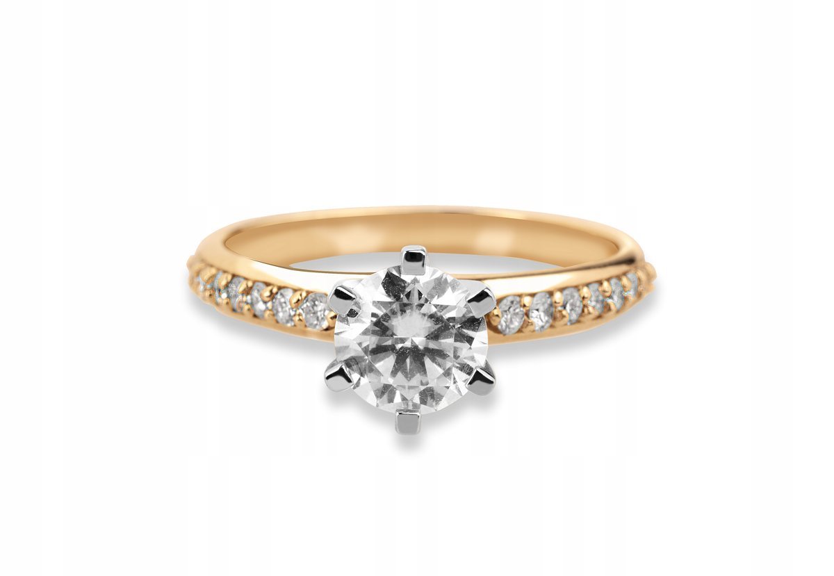ZŁOTY PIERŚCIONEK ZARĘCZYNOWY Z MOISSANITEM 0.8CT I BRYLANTAMI 14KT 585