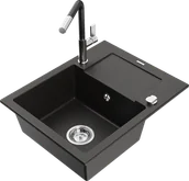 Zlewozmywaki z baterią - Mexen Enzo zlewozmywak granitowy 1-komorowy z ociekaczem i baterią kuchenną Flora, czarny/złoty metalik - 6506-75-670401-07 - miniaturka - grafika 1